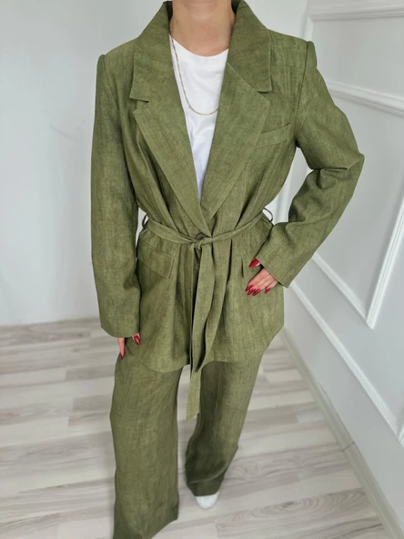 Kadın Keten Ceket Pantolon Takım Haki - Resim 6