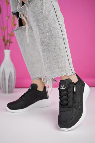 Muggo ASİA Garantili Kadın Ortopedik Günlük Bağcıklı Yandan Fermuarlı Rahat Sneaker Spor Ayakkabı  SİYAH- BEYAZ 37 - 2