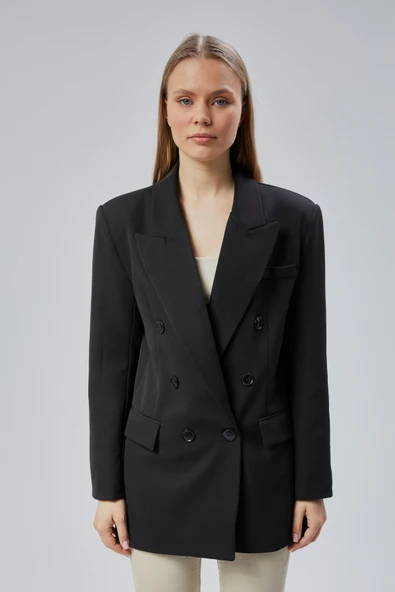 Siyah Oversize Kruvaze Yaka Astarlı Blazer Ceket - 5