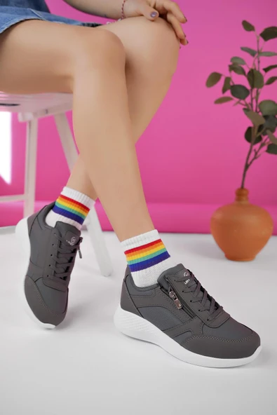 Muggo ASİA Garantili Kadın Ortopedik Günlük Bağcıklı Yandan Fermuarlı Rahat Sneaker Spor Ayakkabı  FÜME 36
