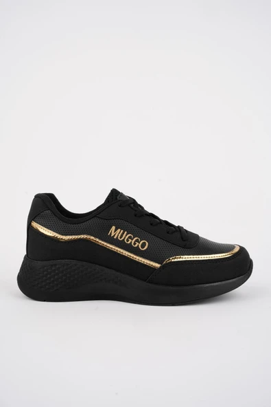 Muggo COCO Garantili Kadın Ortopedik Günlük Bağcıklı Şık Rahat Sneaker Spor Ayakkabı  SİYAH - ALTIN 36