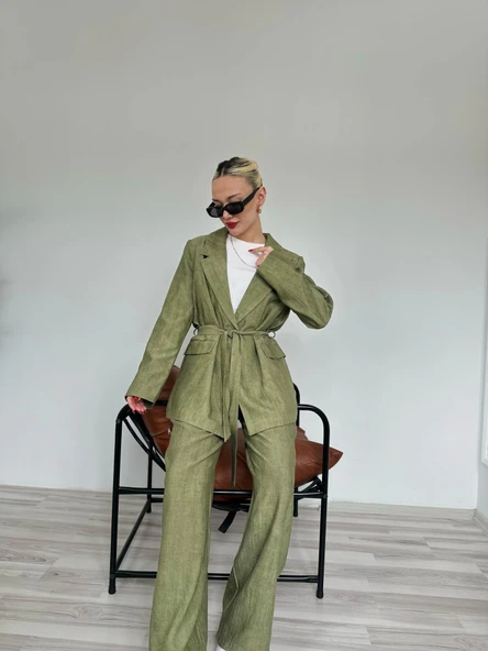 Kadın Keten Ceket Pantolon Takım Haki - Resim 5