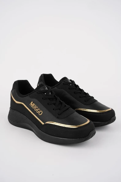 Muggo COCO Garantili Kadın Ortopedik Günlük Bağcıklı Şık Rahat Sneaker Spor Ayakkabı  SİYAH - ALTIN 36 - 4