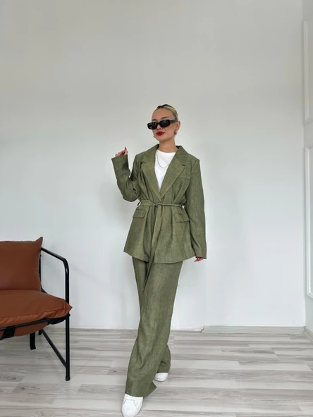 Kadın Keten Ceket Pantolon Takım Haki - Resim 2