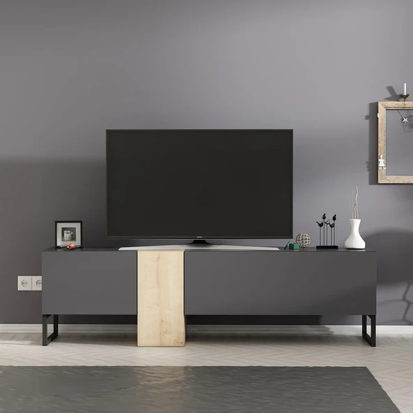 T0016 Kapaklı, Metal Ayaklı, Tv Sehpası Antrasit/Safir Meşe