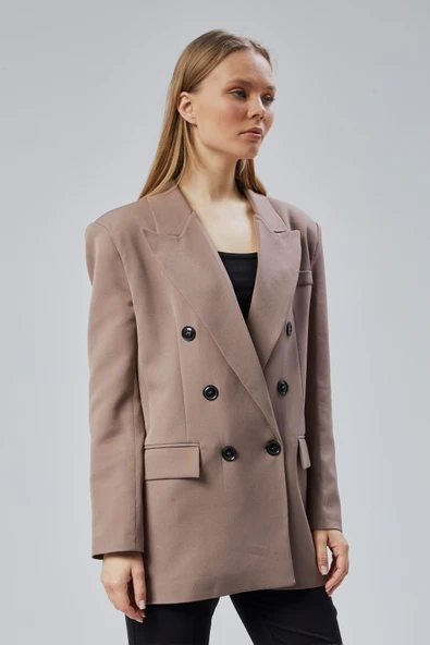 Toprak Rengi Oversize Kruvaze Yaka Astarlı Blazer Ceket - 16