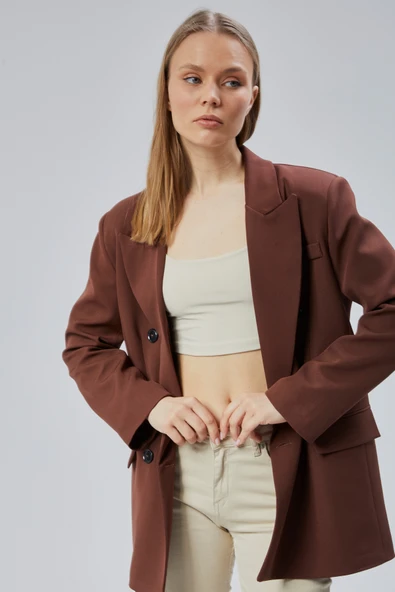 Acı Kahve Oversize Kruvaze Yaka Astarlı Blazer Ceket - 7