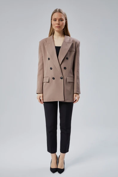 Toprak Rengi Oversize Kruvaze Yaka Astarlı Blazer Ceket - 9