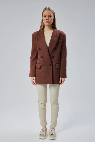 Acı Kahve Oversize Kruvaze Yaka Astarlı Blazer Ceket - 18