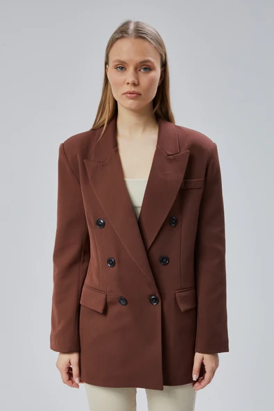 Acı Kahve Oversize Kruvaze Yaka Astarlı Blazer Ceket - 2