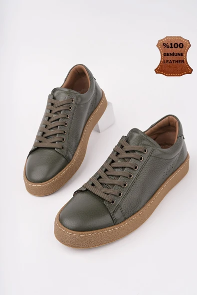 Muggo CRAW Kalın Taban Bağcıklı Hakiki Deri Erkek Günlük Casual Sneaker  HAKİ 42