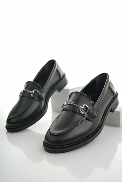 Muggo SUSSİE Garantili Metal Tokalı Kadın Loafer Günlük Ayakkabı  SİYAH 37