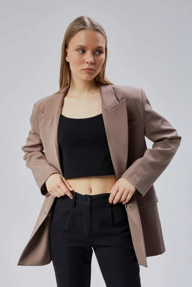 Toprak Rengi Oversize Kruvaze Yaka Astarlı Blazer Ceket - 12