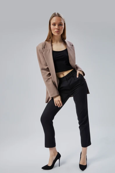 Toprak Rengi Oversize Kruvaze Yaka Astarlı Blazer Ceket