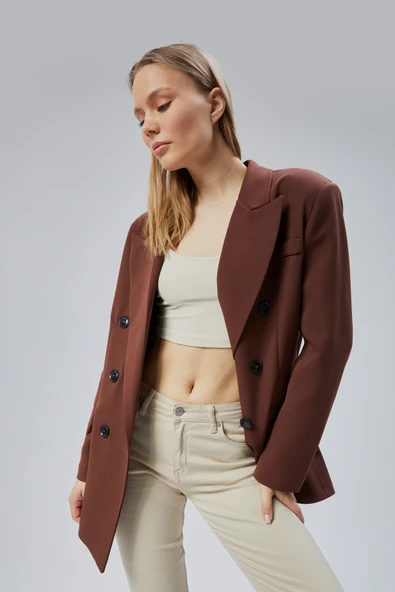 Acı Kahve Oversize Kruvaze Yaka Astarlı Blazer Ceket