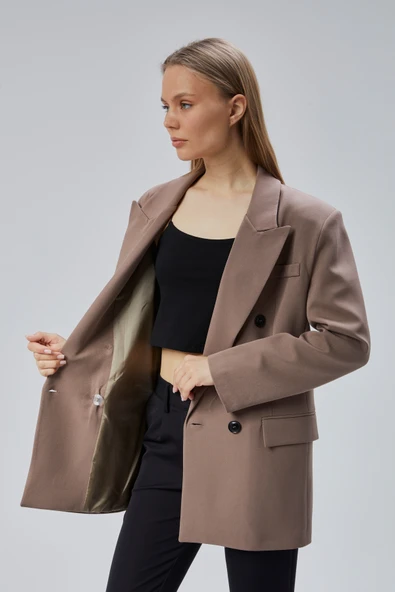 Toprak Rengi Oversize Kruvaze Yaka Astarlı Blazer Ceket - 3