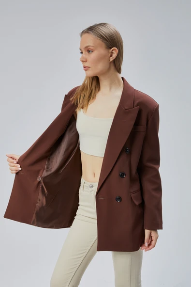 Acı Kahve Oversize Kruvaze Yaka Astarlı Blazer Ceket - 14