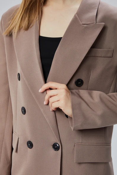 Toprak Rengi Oversize Kruvaze Yaka Astarlı Blazer Ceket - 18
