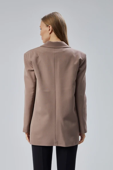 Toprak Rengi Oversize Kruvaze Yaka Astarlı Blazer Ceket - 17