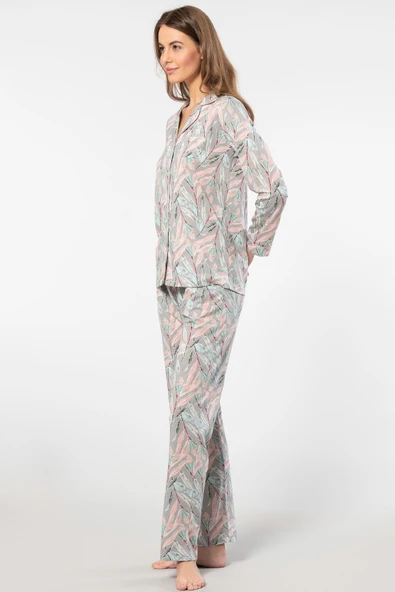 Türen Yaprak Desenli Uzun Kollu Gömlek Yaka Pijama Takımı - 4
