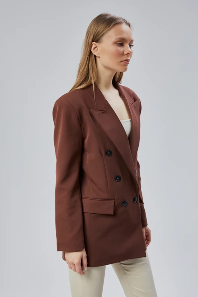 Acı Kahve Oversize Kruvaze Yaka Astarlı Blazer Ceket - 6