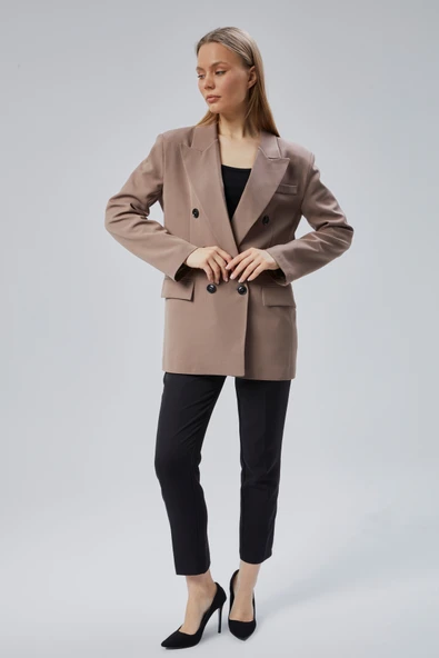 Toprak Rengi Oversize Kruvaze Yaka Astarlı Blazer Ceket - 10