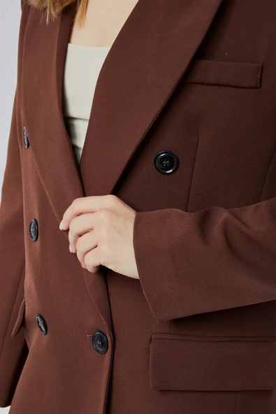 Acı Kahve Oversize Kruvaze Yaka Astarlı Blazer Ceket - 3