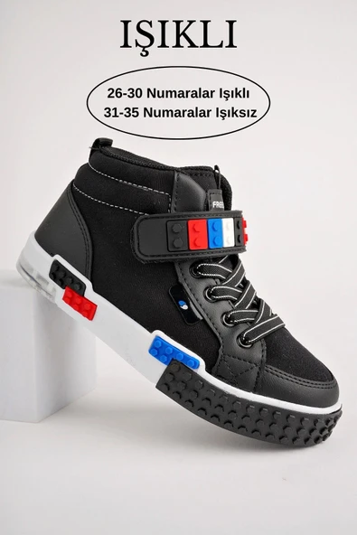 Muggo KUKULİ Garantili Legolu Bağcıklı ve Cırtlı Ortopedik Çocuk Sneaker Spor Ayakkabı  SİYAH 33
