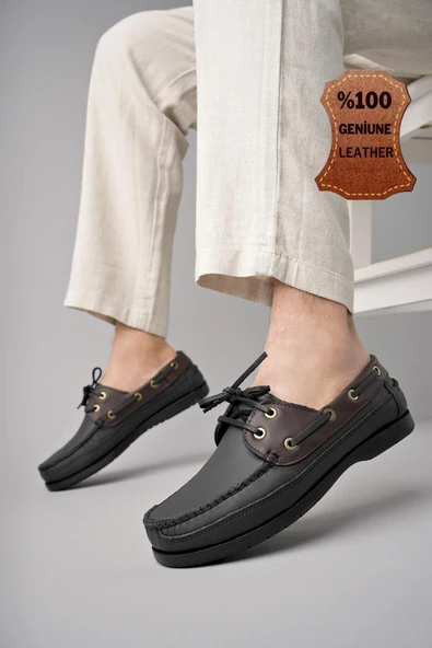 Muggo Sidro Garantili Hakiki Deri Erkek Günlük Klasik Casual Ayakkabı  Siyah-Kahve 43