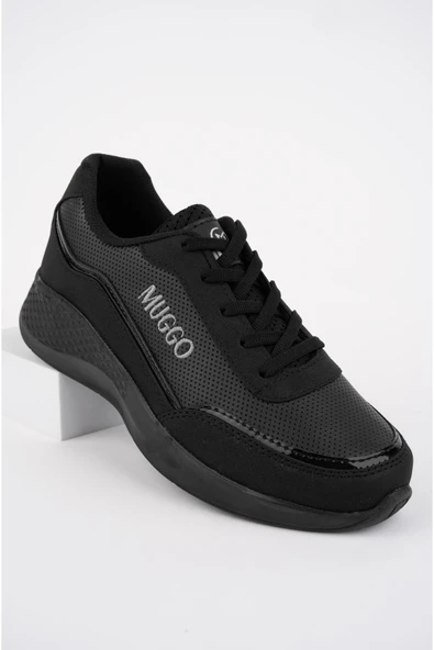 Muggo Happy Garantili Kadın Ortopedik Günlük Bağcıklı Şık Rahat Sneaker Spor Ayakkabı  SİYAH 38 - 6