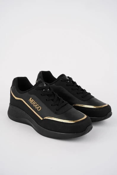 Muggo Happy Garantili Kadın Ortopedik Günlük Bağcıklı Şık Rahat Sneaker Spor Ayakkabı  SİYAH - ALTIN 36 - 7