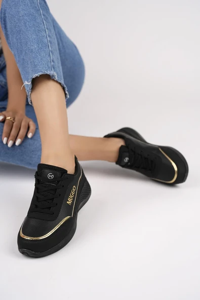 Muggo Happy Garantili Kadın Ortopedik Günlük Bağcıklı Şık Rahat Sneaker Spor Ayakkabı  SİYAH - ALTIN 36