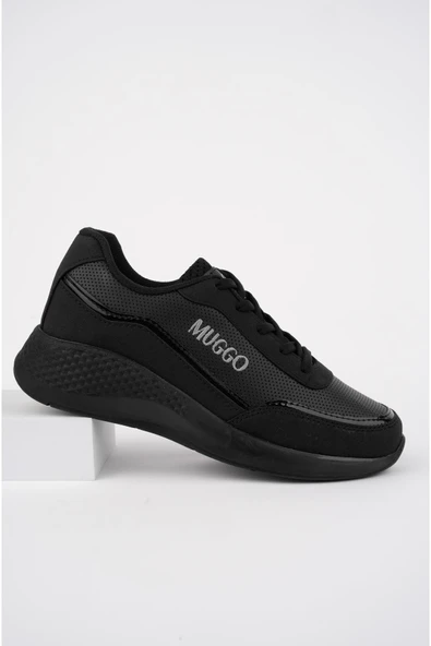 Muggo Happy Garantili Kadın Ortopedik Günlük Bağcıklı Şık Rahat Sneaker Spor Ayakkabı  SİYAH 38 - 7