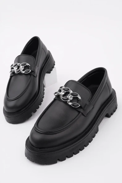 Muggo CRASHER Kalın Taban Tokalı Günlük Casual Makosen Kadın Loafer Ayakkabı  SİYAH 37 - Resim 7