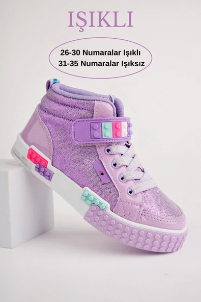 Muggo KUKULİ Garantili Legolu Bağcıklı ve Cırtlı Ortopedik Çocuk Sneaker Spor Ayakkabı  LİLA 33