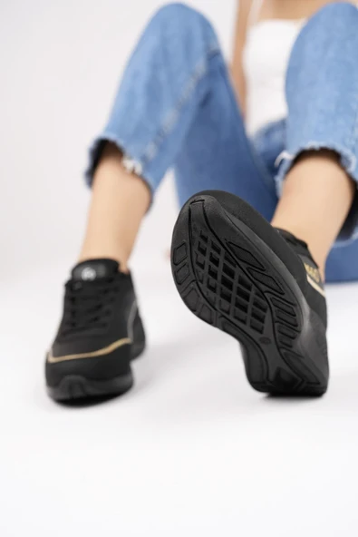Muggo Happy Garantili Kadın Ortopedik Günlük Bağcıklı Şık Rahat Sneaker Spor Ayakkabı  SİYAH - ALTIN 36 - 5