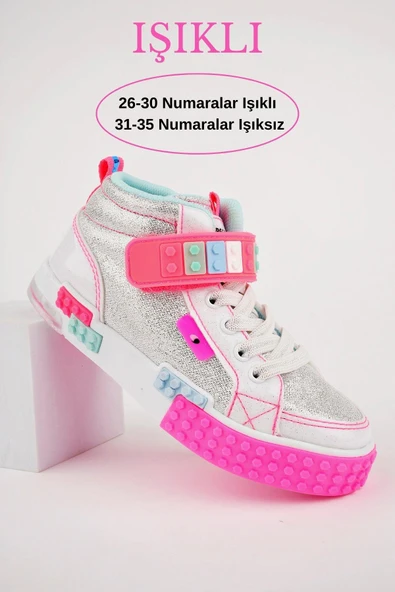 Muggo KUKULİ Garantili Legolu Bağcıklı ve Cırtlı Ortopedik Çocuk Sneaker Spor Ayakkabı  GÜMÜŞ 26
