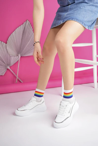 Muggo Happy Garantili Kadın Ortopedik Günlük Bağcıklı Şık Rahat Sneaker Spor Ayakkabı  BEYAZ 37 - 5