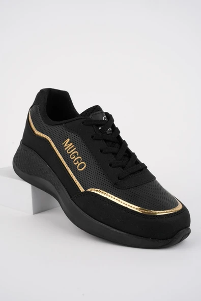 Muggo Happy Garantili Kadın Ortopedik Günlük Bağcıklı Şık Rahat Sneaker Spor Ayakkabı  SİYAH - ALTIN 36 - 6