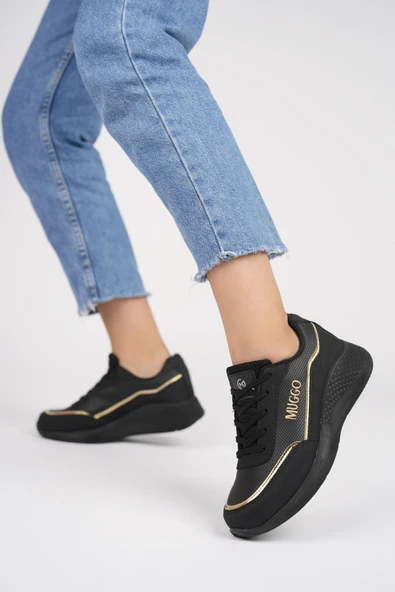 Muggo Happy Garantili Kadın Ortopedik Günlük Bağcıklı Şık Rahat Sneaker Spor Ayakkabı  SİYAH - ALTIN 36 - 4