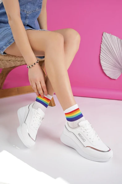 Muggo Happy Garantili Kadın Ortopedik Günlük Bağcıklı Şık Rahat Sneaker Spor Ayakkabı  BEYAZ 37 - 1