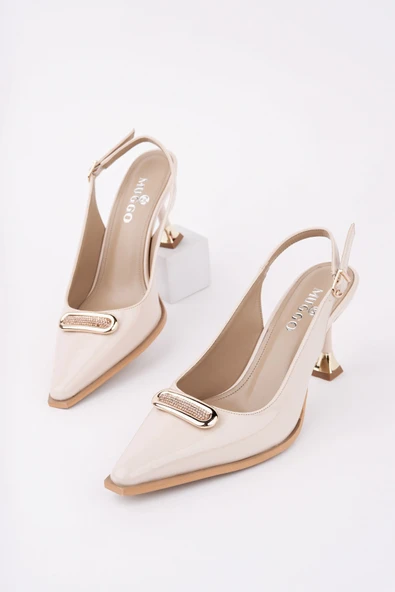 Muggo HEELS Arkası Açık Toka Detaylı Günlük Klasik Topuklu Kadın Stiletto Ayakkabı  Ten Rugan 37