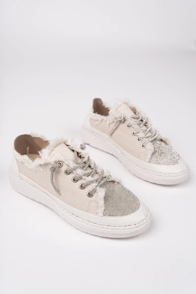Muggo DAMSEL Bağcıklı Taşlı Kadın Günlük Denim Sneaker Spor Ayakkabı  BEJ 40