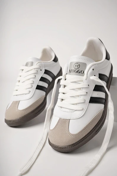 Muggo JABBAR Unisex Ortopedik Günlük Garantili Bağcıklı Yürüyüş Koşu Sneaker Spor Ayakkabı  BEYAZ - SİYAH 44
