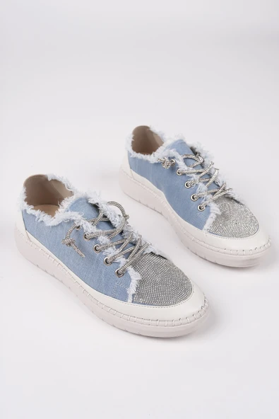 Muggo DAMSEL Bağcıklı Taşlı Kadın Günlük Denim Sneaker Spor Ayakkabı  MAVİ 36