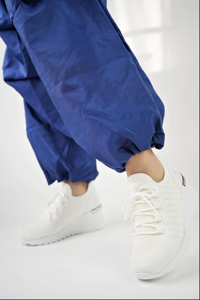 Muggo TYRA Garantili Kadın Ortopedik Yüksek Taban Günlük Bağcıklı Triko Sneaker Spor Ayakkabı  BEYAZ 40 - 8