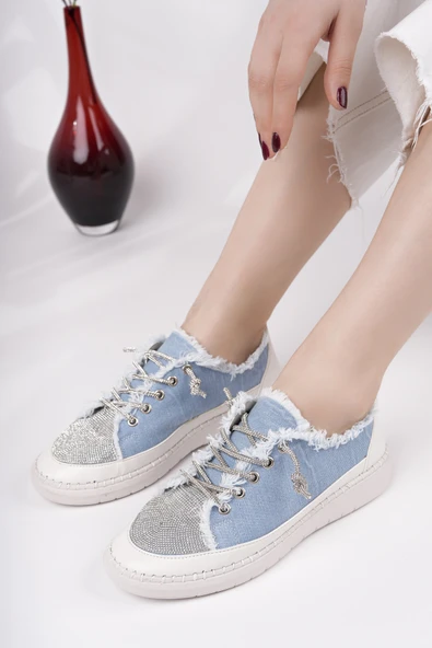 Muggo DAMSEL Bağcıklı Taşlı Kadın Günlük Denim Sneaker Spor Ayakkabı  MAVİ 39 - 5
