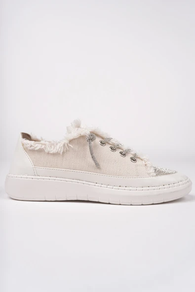 Muggo DAMSEL Bağcıklı Taşlı Kadın Günlük Denim Sneaker Spor Ayakkabı  BEJ 36 - 3