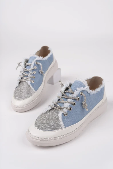 Muggo DAMSEL Bağcıklı Taşlı Kadın Günlük Denim Sneaker Spor Ayakkabı  MAVİ 36 - 2