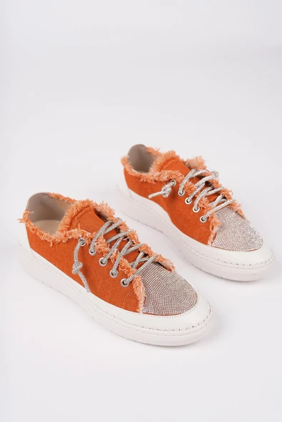 Muggo DAMSEL Bağcıklı Taşlı Kadın Günlük Denim Sneaker Spor Ayakkabı  TURUNCU 40